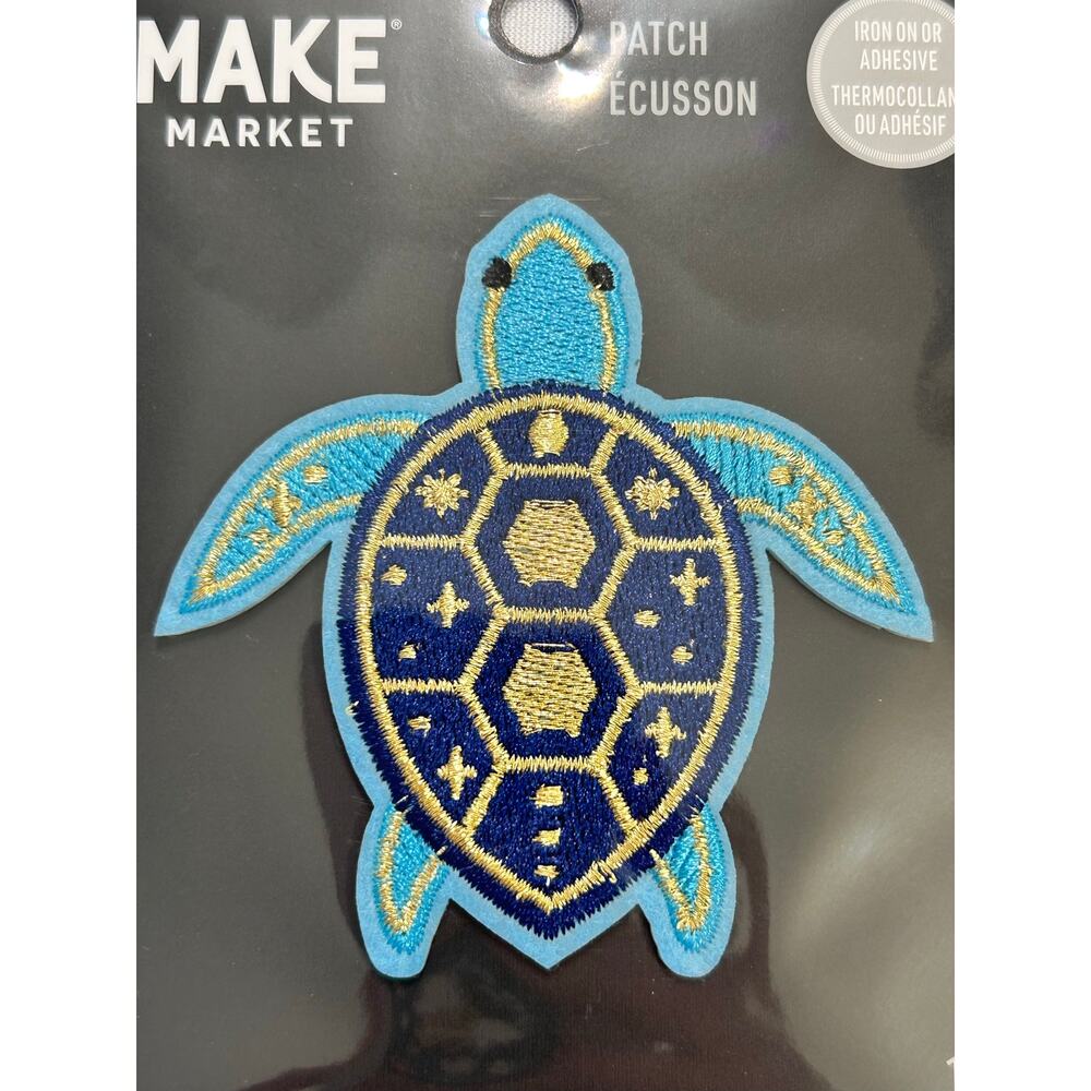 Embroidered Celestial Turtle Patch Blue Gold Iron On Permanent Or Temporary NWT